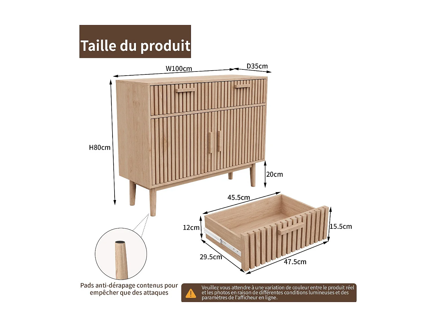 Buffet bois clair avec façade rainurée, meuble de rangement 2 portes et tiroirs, bahut salon style scandinave naturel