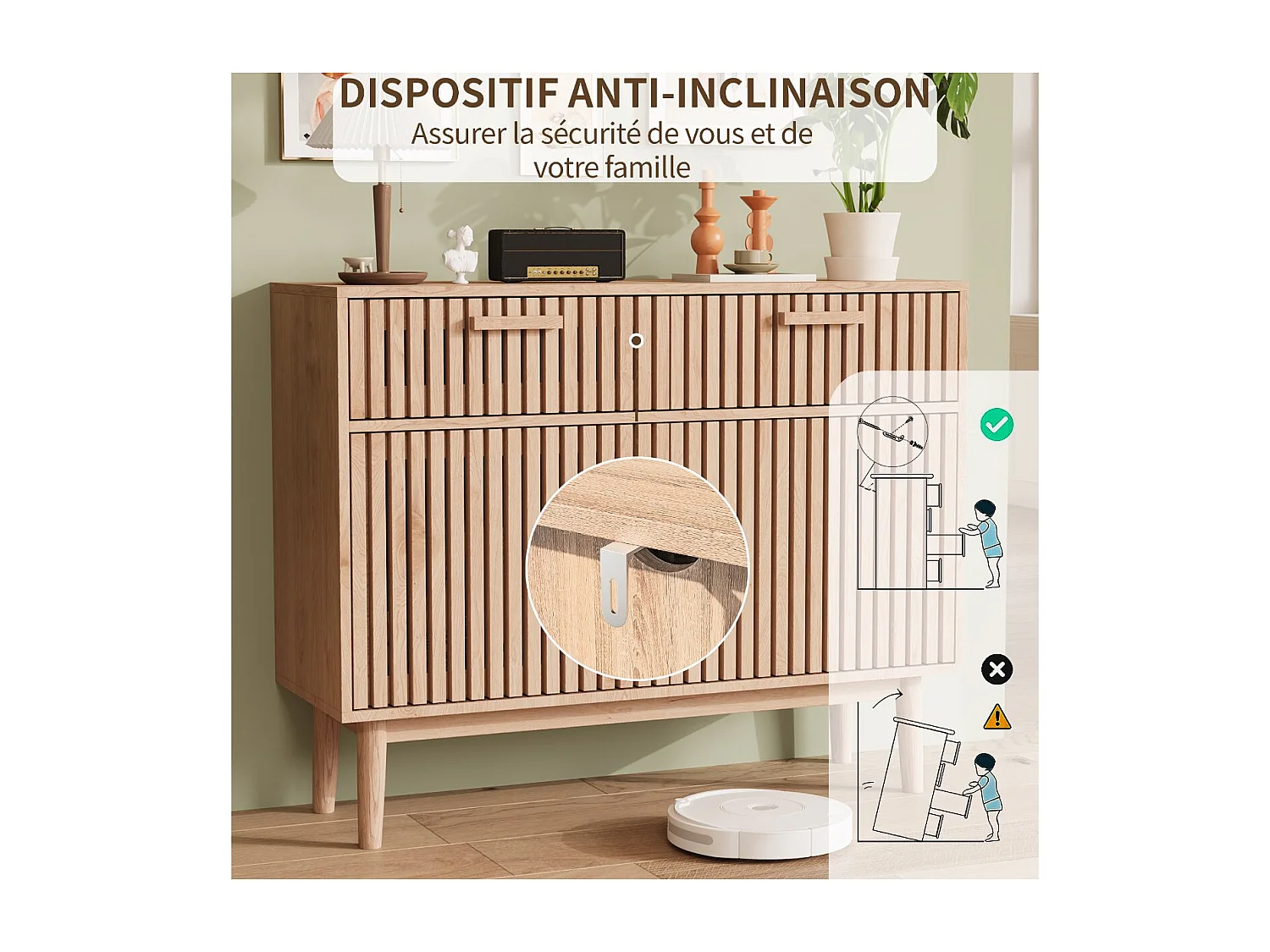 Buffet bois clair avec façade rainurée, meuble de rangement 2 portes et tiroirs, bahut salon style scandinave naturel