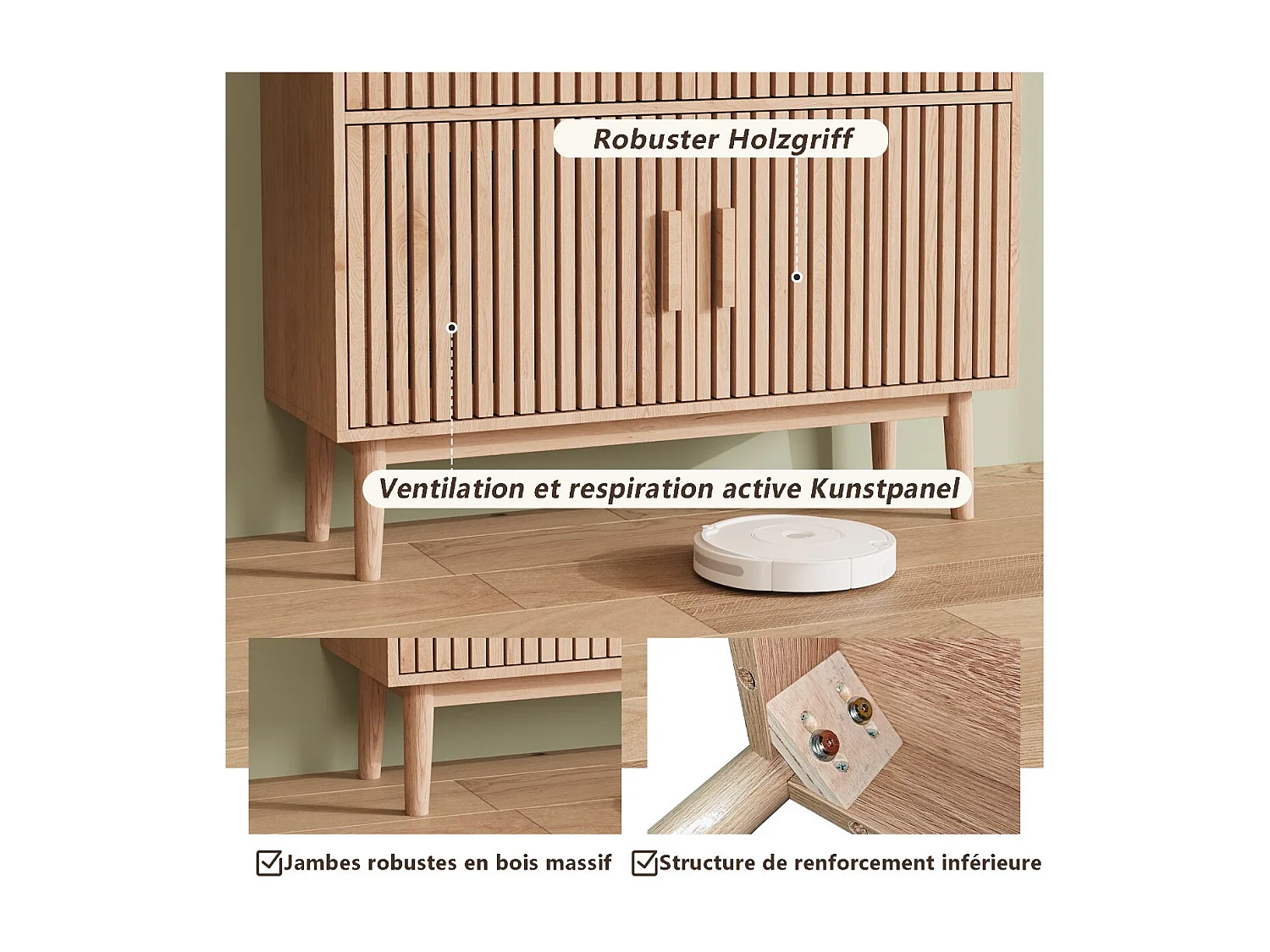 Buffet bois clair avec façade rainurée, meuble de rangement 2 portes et tiroirs, bahut salon style scandinave naturel