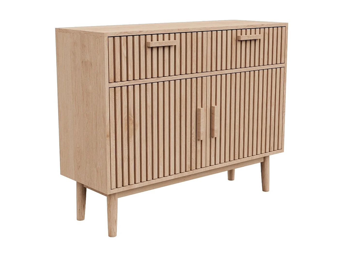 Buffet bois clair avec façade rainurée, meuble de rangement 2 portes et tiroirs, bahut salon style scandinave naturel