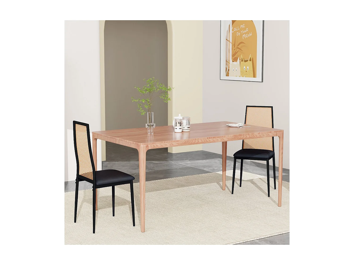 Lot de 2 chaises de salle à manger cannage rotin et métal noir, assise rembourrée tissu, style moderne