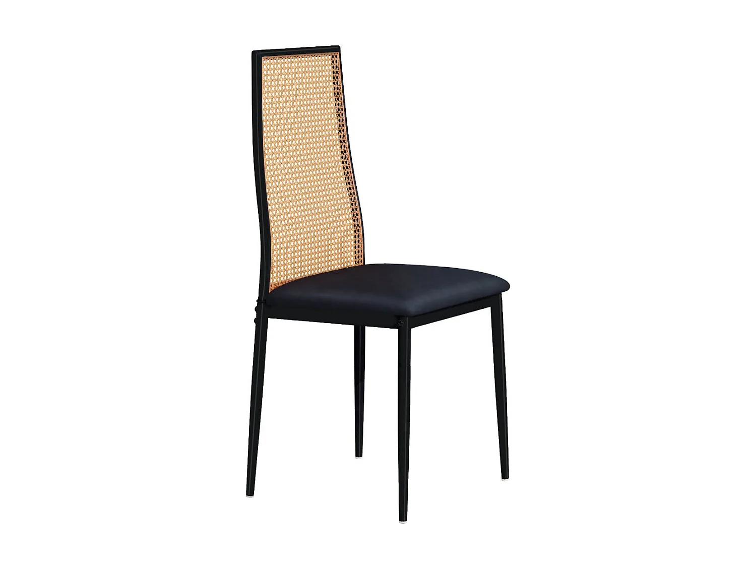 Lot de 2 chaises de salle à manger cannage rotin et métal noir, assise rembourrée tissu, style moderne