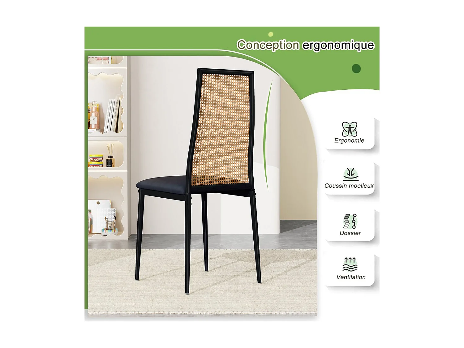 Lot de 2 chaises de salle à manger cannage rotin et métal noir, assise rembourrée tissu, style moderne