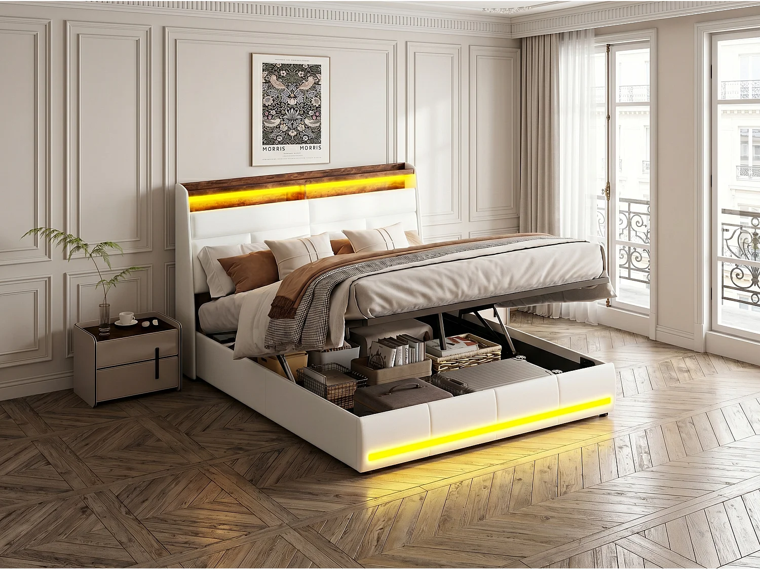 Lit coffre suspendu blanc avec éclairage LED, lit double moderne, tête de lit capitonnée, espace de rangement.