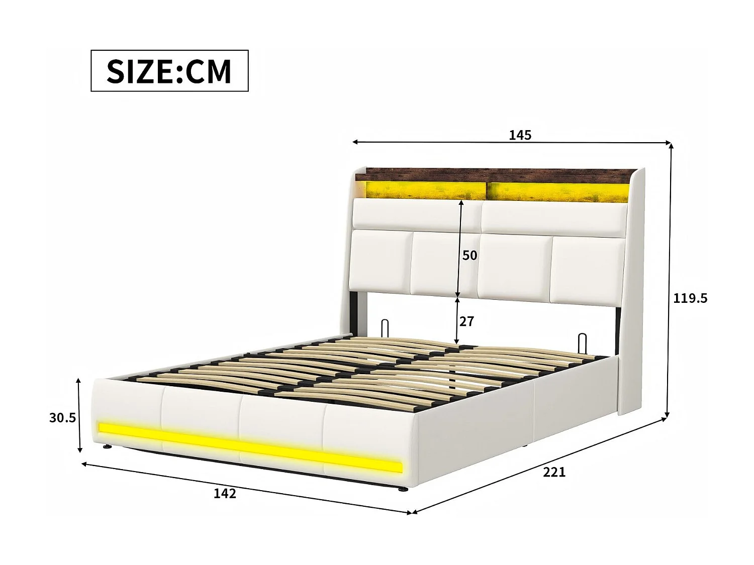 Lit coffre suspendu blanc avec éclairage LED, lit double moderne, tête de lit capitonnée, espace de rangement.