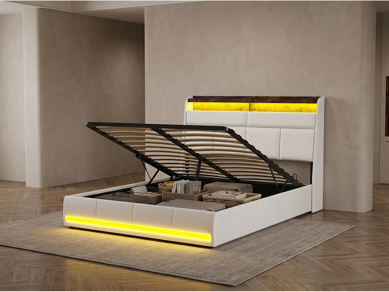 Lit coffre suspendu blanc avec éclairage LED, lit double moderne, tête de lit capitonnée, espace de rangement.