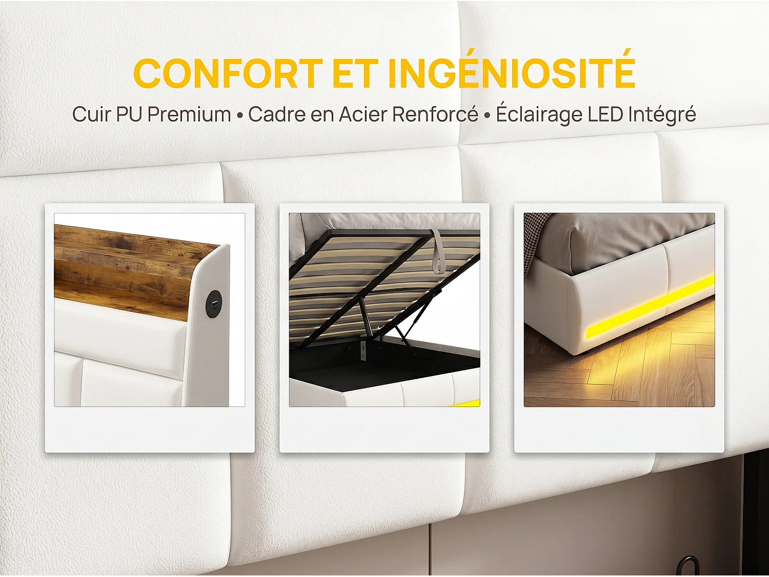 Lit coffre suspendu blanc avec éclairage LED, lit double moderne, tête de lit capitonnée, espace de rangement.