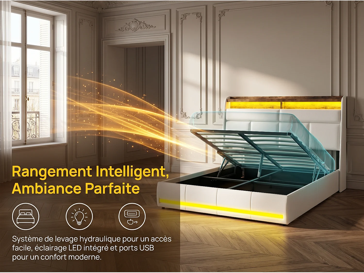 Lit coffre suspendu blanc avec éclairage LED, lit double moderne, tête de lit capitonnée, espace de rangement.