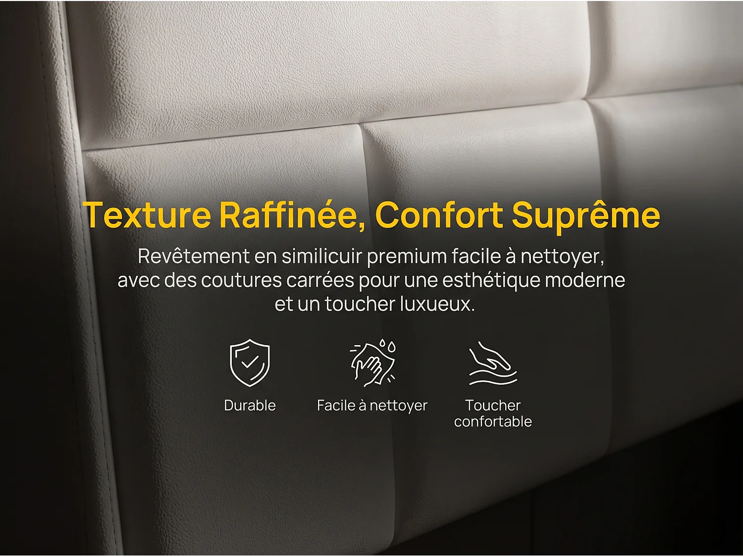 Lit coffre suspendu blanc avec éclairage LED, lit double moderne, tête de lit capitonnée, espace de rangement.