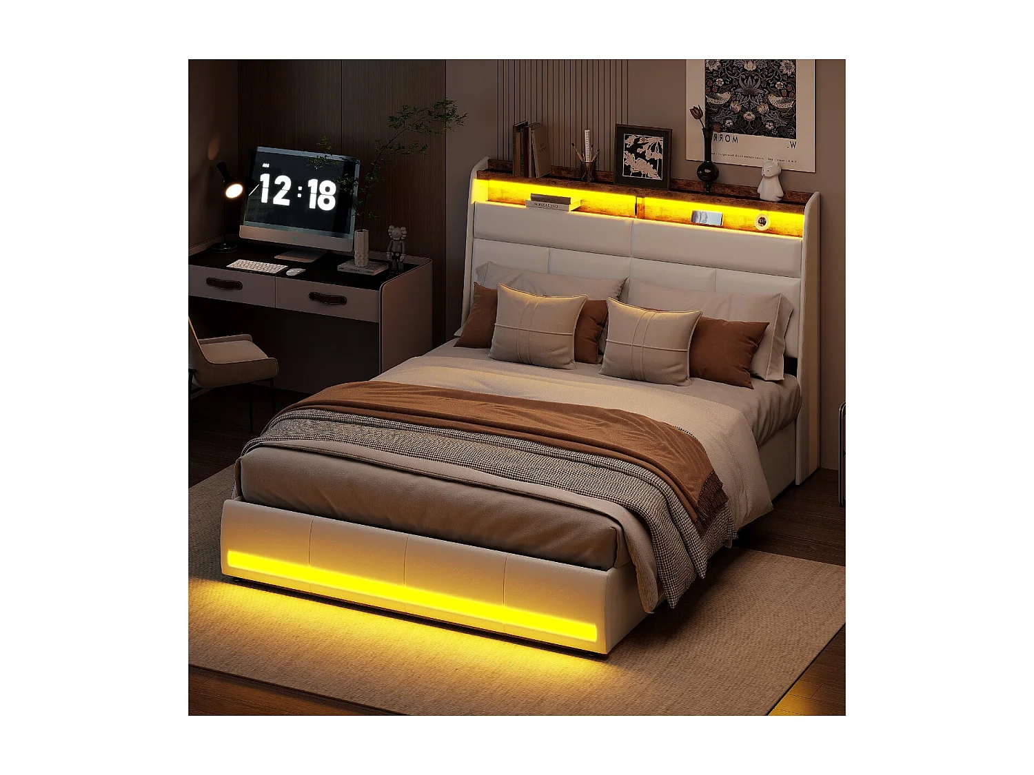 Lit coffre suspendu blanc avec éclairage LED, lit double moderne, tête de lit capitonnée, espace de rangement.