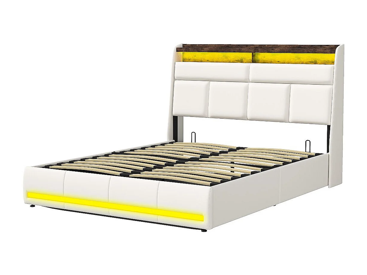 Lit coffre suspendu blanc avec éclairage LED, lit double moderne, tête de lit capitonnée, espace de rangement.