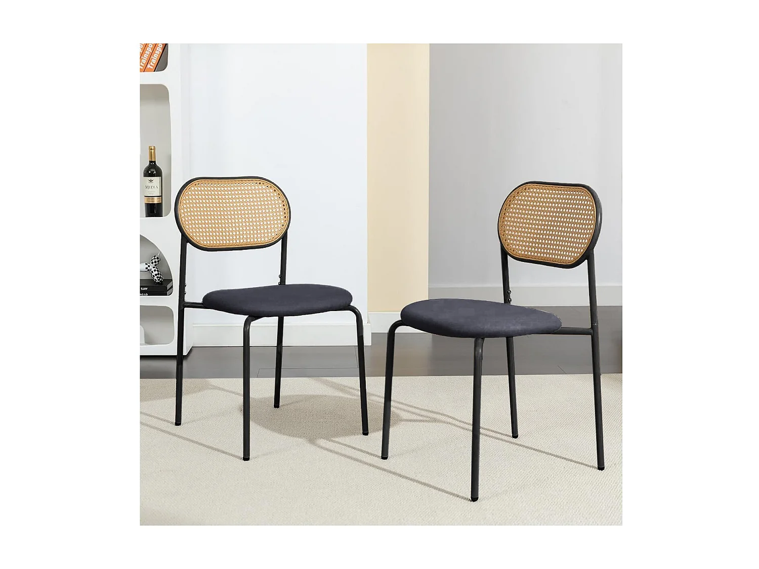 Lot de 2 chaises de salle à manger cannage rotin et métal noir, assise rembourrée tissu, style moderne