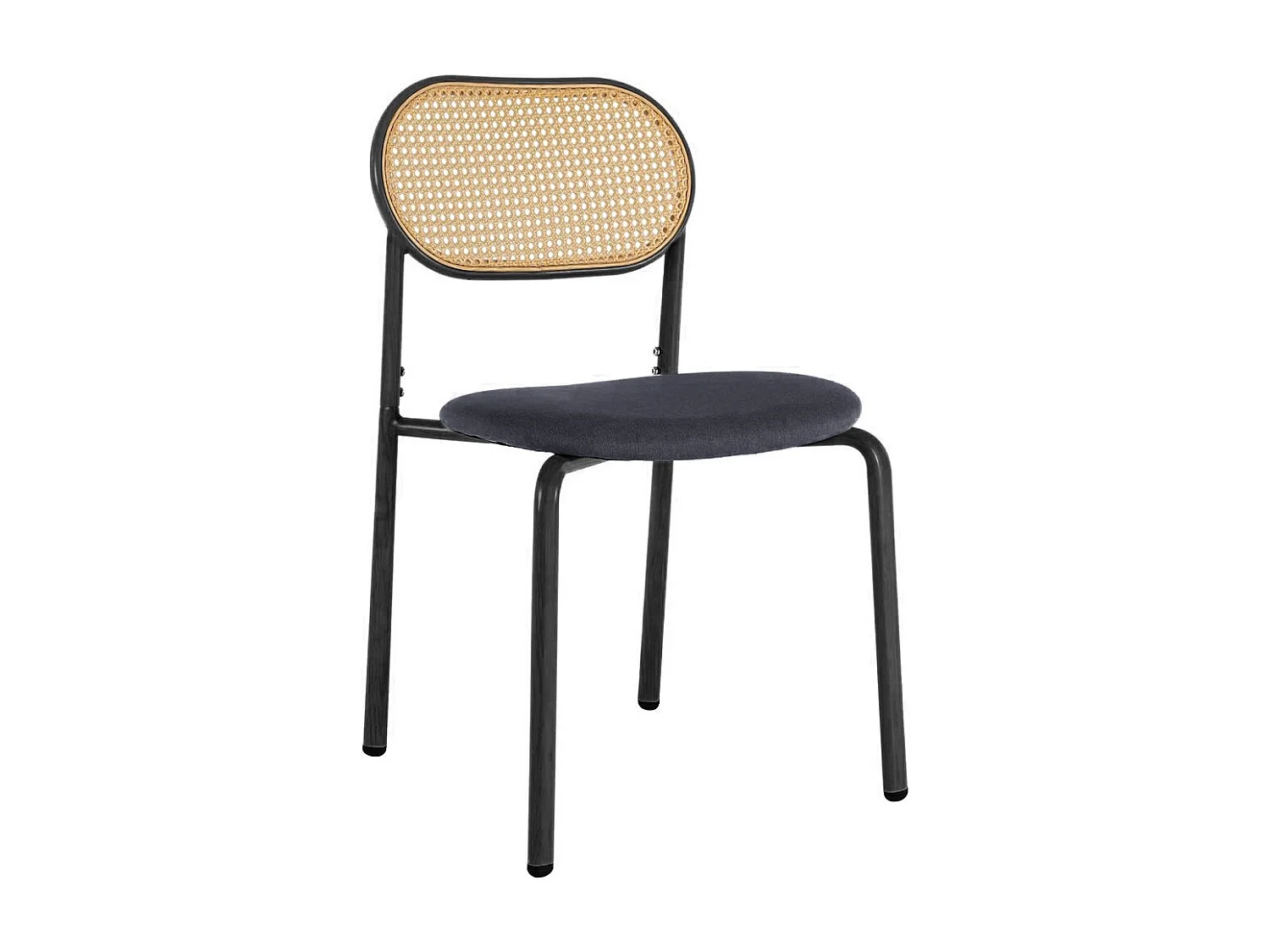 Lot de 2 chaises de salle à manger cannage rotin et métal noir, assise rembourrée tissu, style moderne