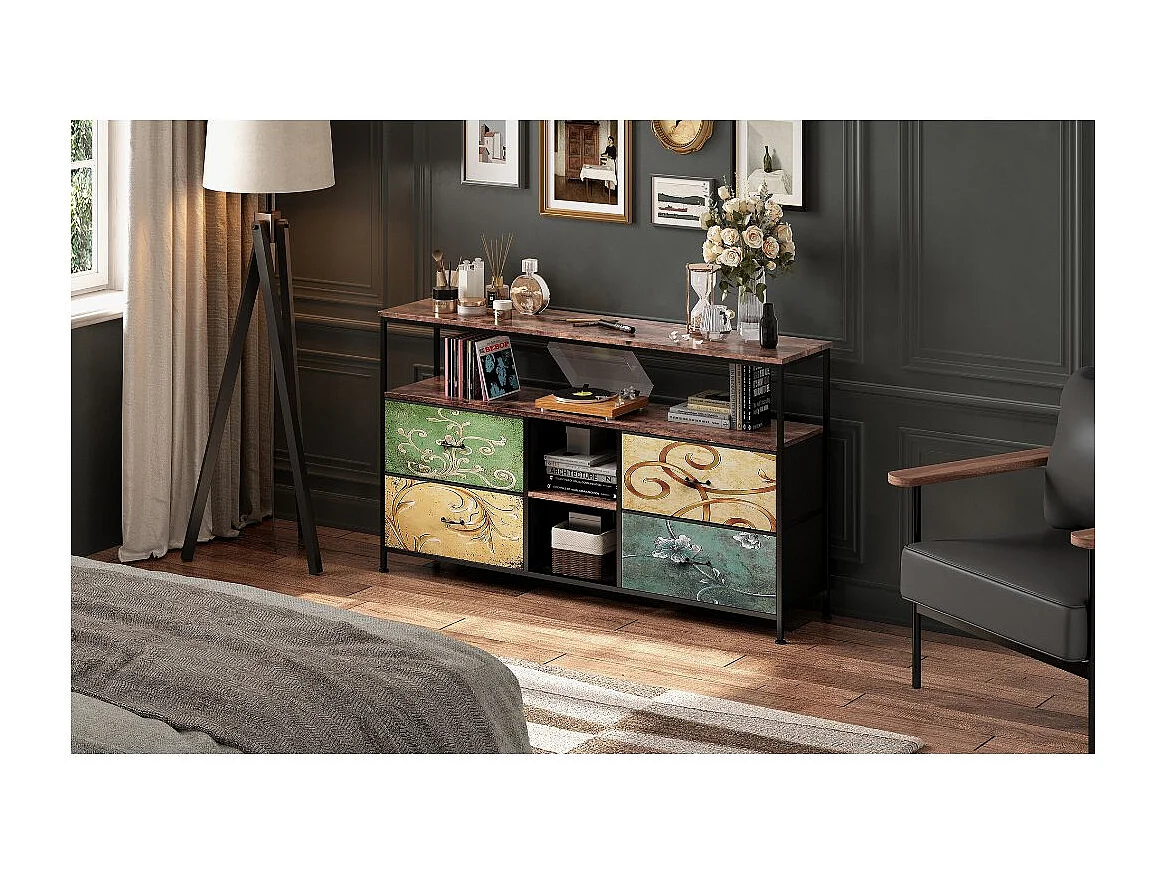 Meuble TV 137x38x70 cm avec LEDs, plateau effet bois tigré avec tiroirs en tissu multicolores,  structure métallique noire