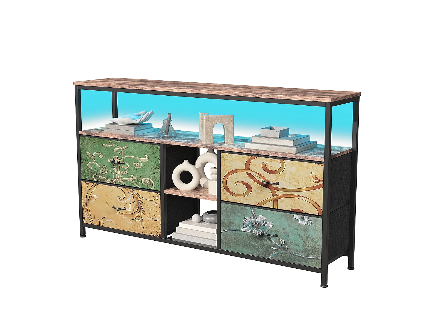 Meuble TV 137x38x70 cm avec LEDs, plateau effet bois tigré avec tiroirs en tissu multicolores,  structure métallique noire