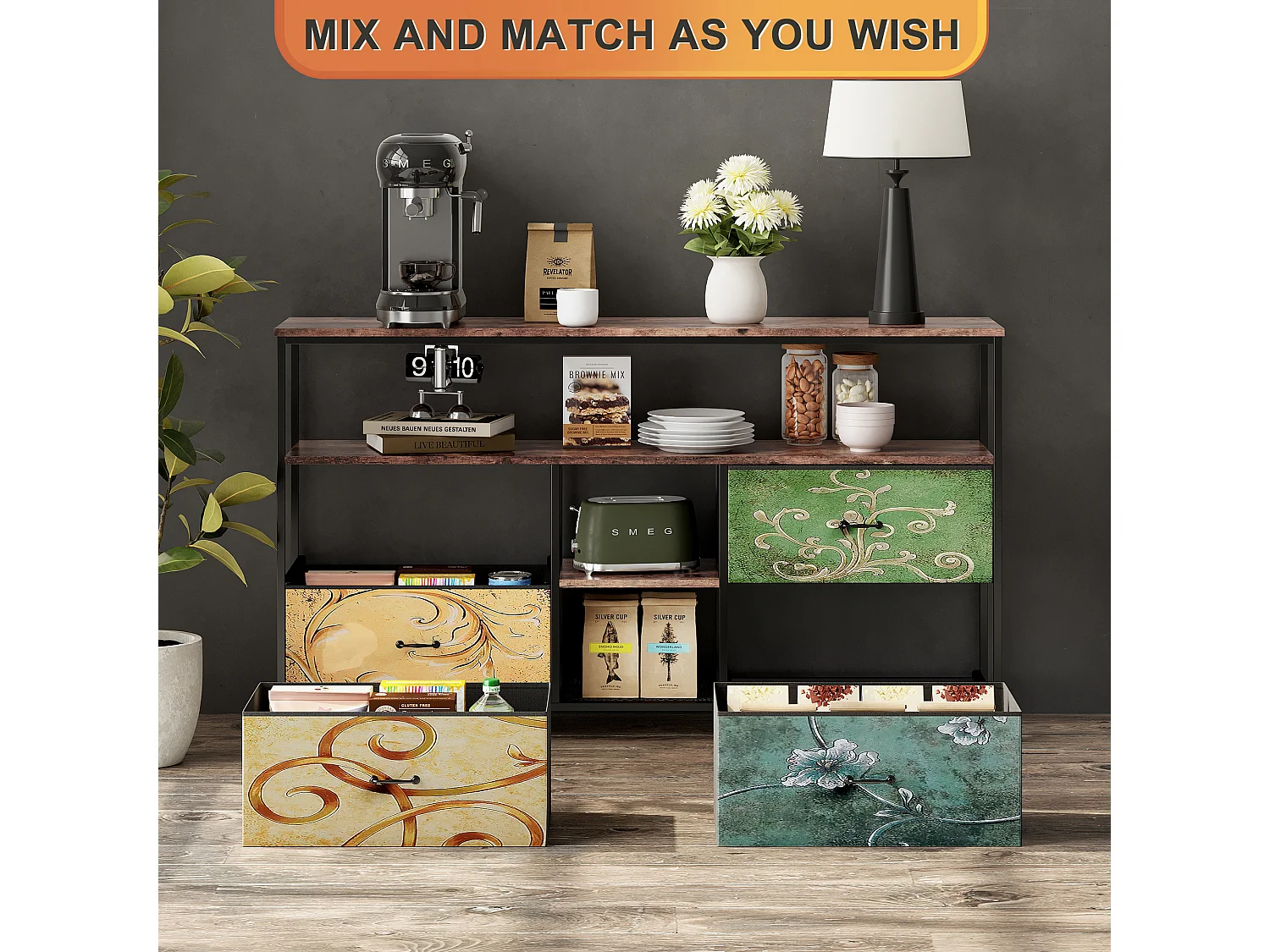 Meuble TV 137x38x70 cm avec LEDs, plateau effet bois tigré avec tiroirs en tissu multicolores,  structure métallique noire