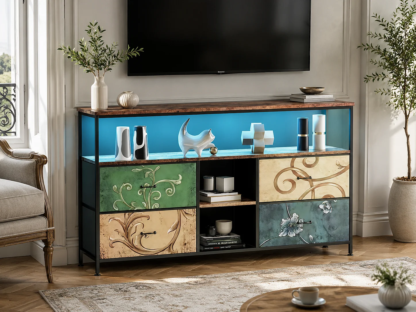 Meuble TV 137x38x70 cm avec LEDs, plateau effet bois tigré avec tiroirs en tissu multicolores,  structure métallique noire