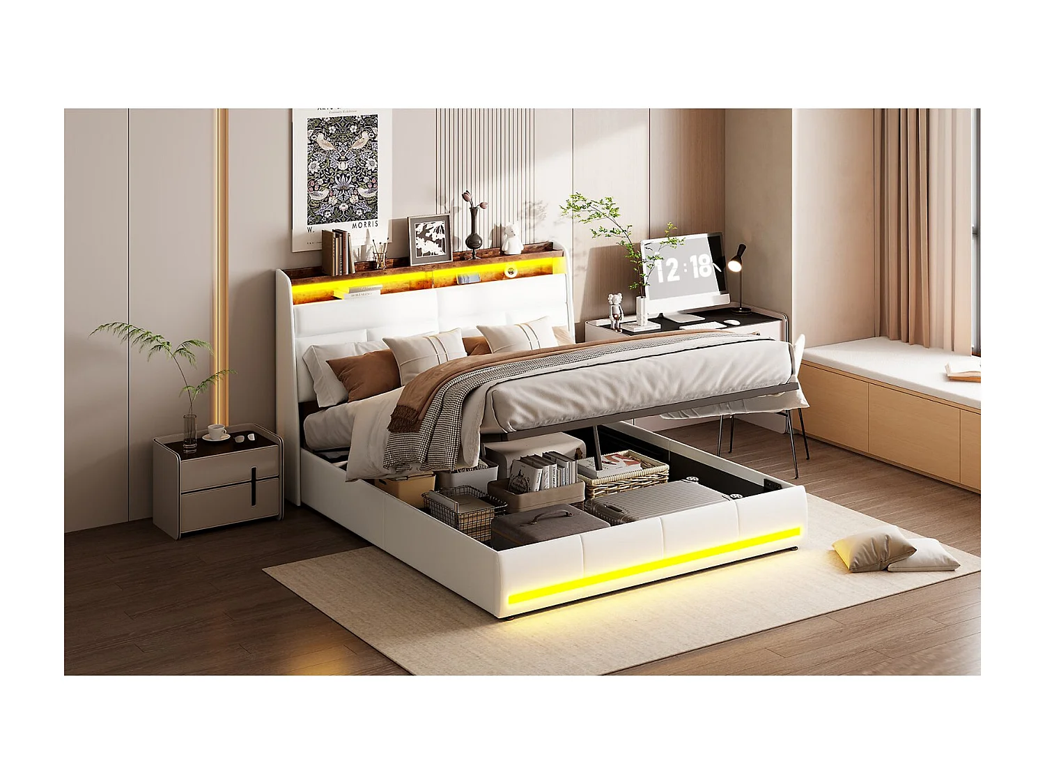 Lit coffre suspendu blanc avec éclairage LED, lit double moderne, tête de lit capitonnée, espace de rangement.