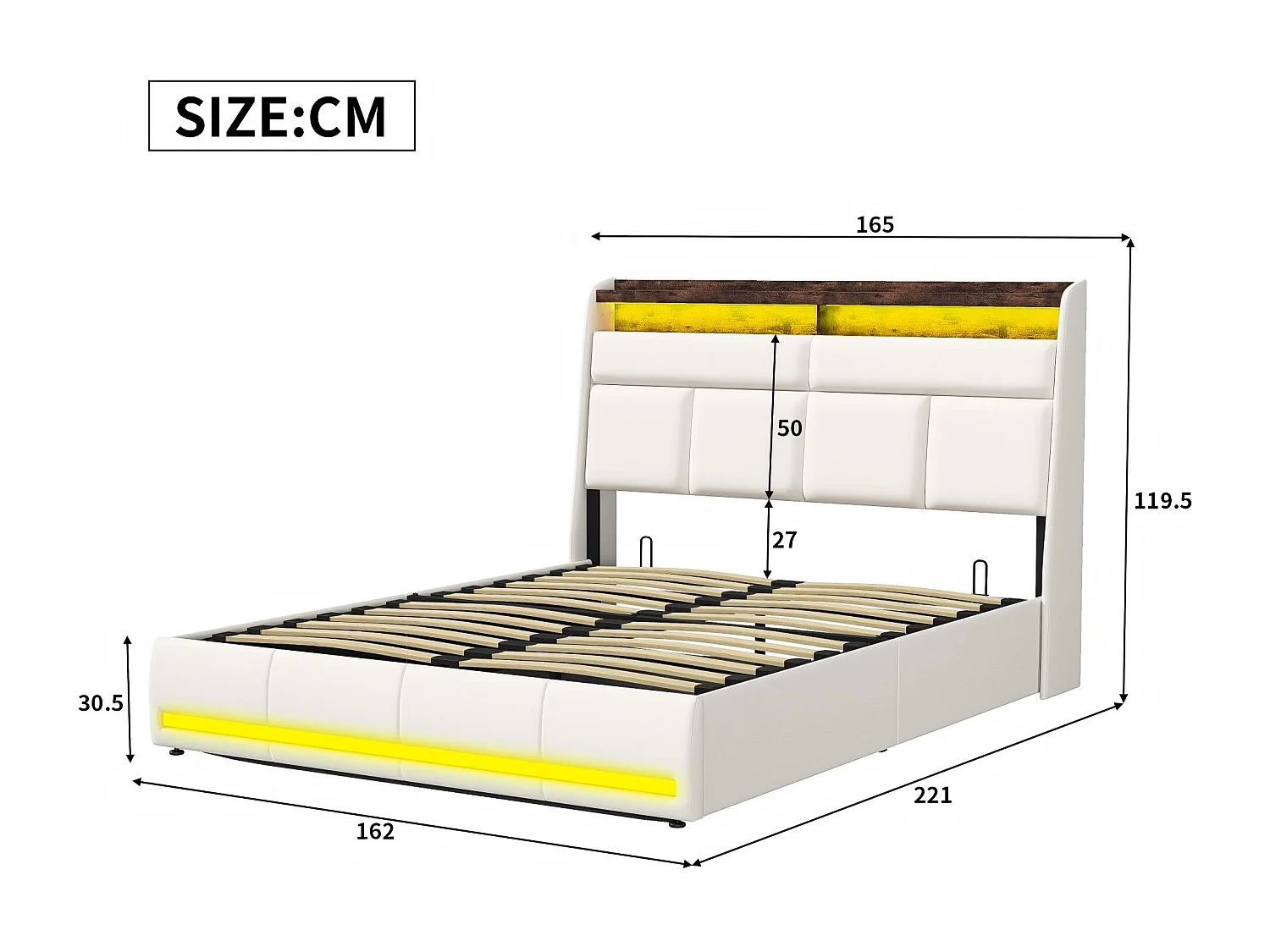 Lit coffre suspendu blanc avec éclairage LED, lit double moderne, tête de lit capitonnée, espace de rangement.