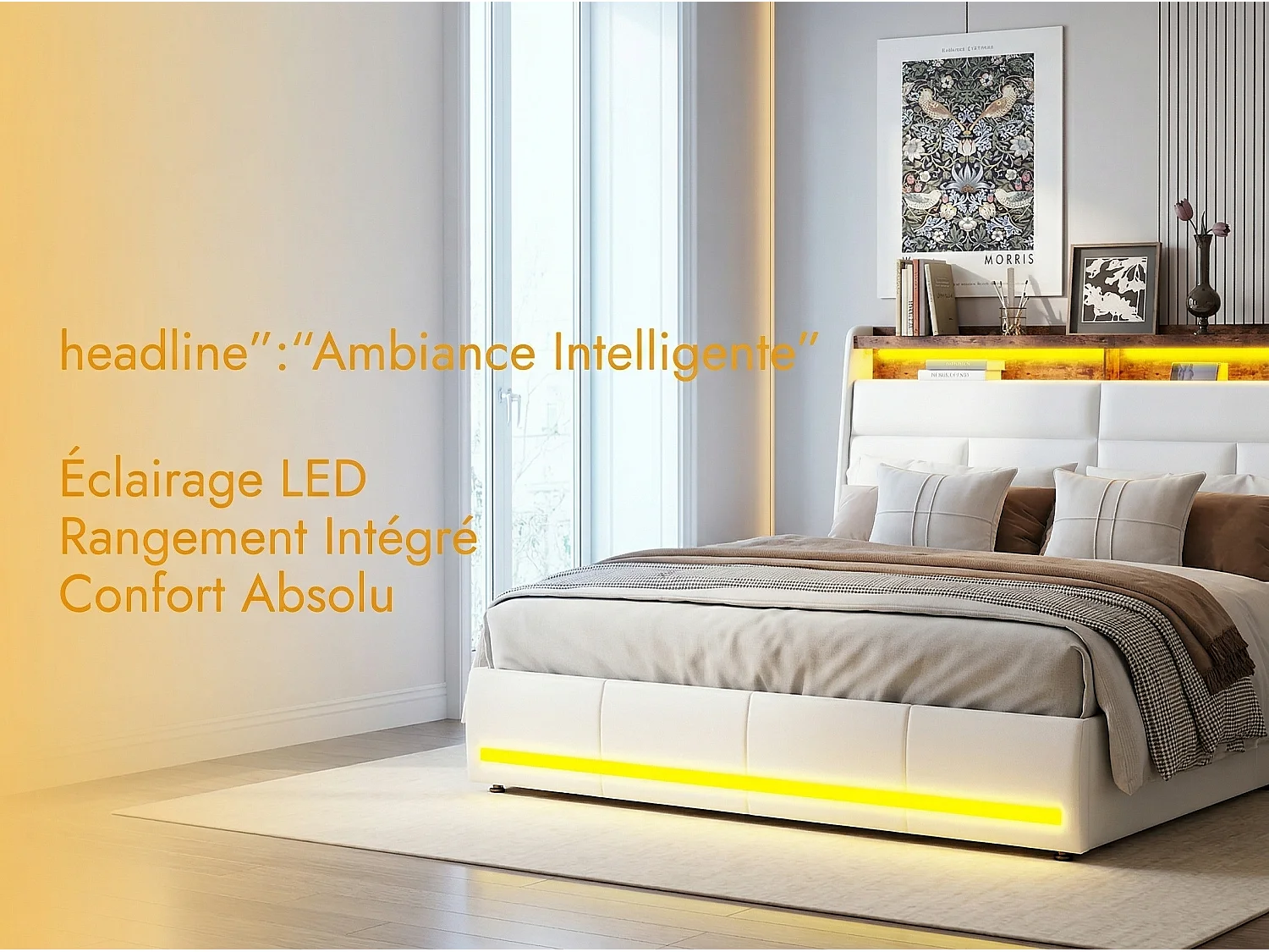 Lit coffre suspendu blanc avec éclairage LED, lit double moderne, tête de lit capitonnée, espace de rangement.