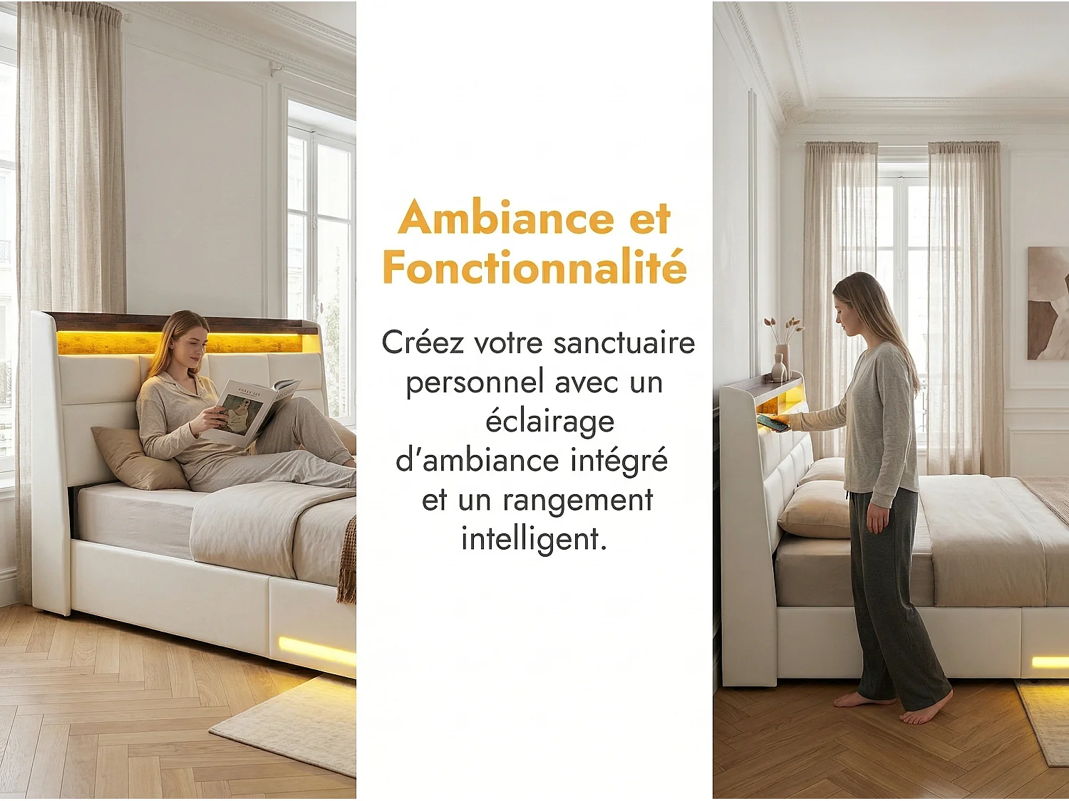 Lit coffre suspendu blanc avec éclairage LED, lit double moderne, tête de lit capitonnée, espace de rangement.