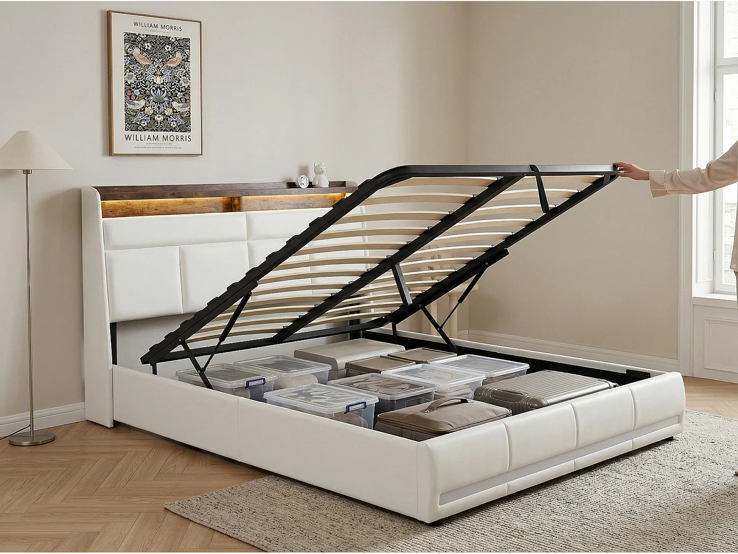 Lit coffre suspendu blanc avec éclairage LED, lit double moderne, tête de lit capitonnée, espace de rangement.