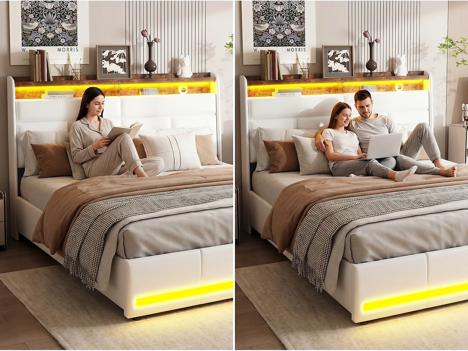 Lit coffre suspendu blanc avec éclairage LED, lit double moderne, tête de lit capitonnée, espace de rangement.