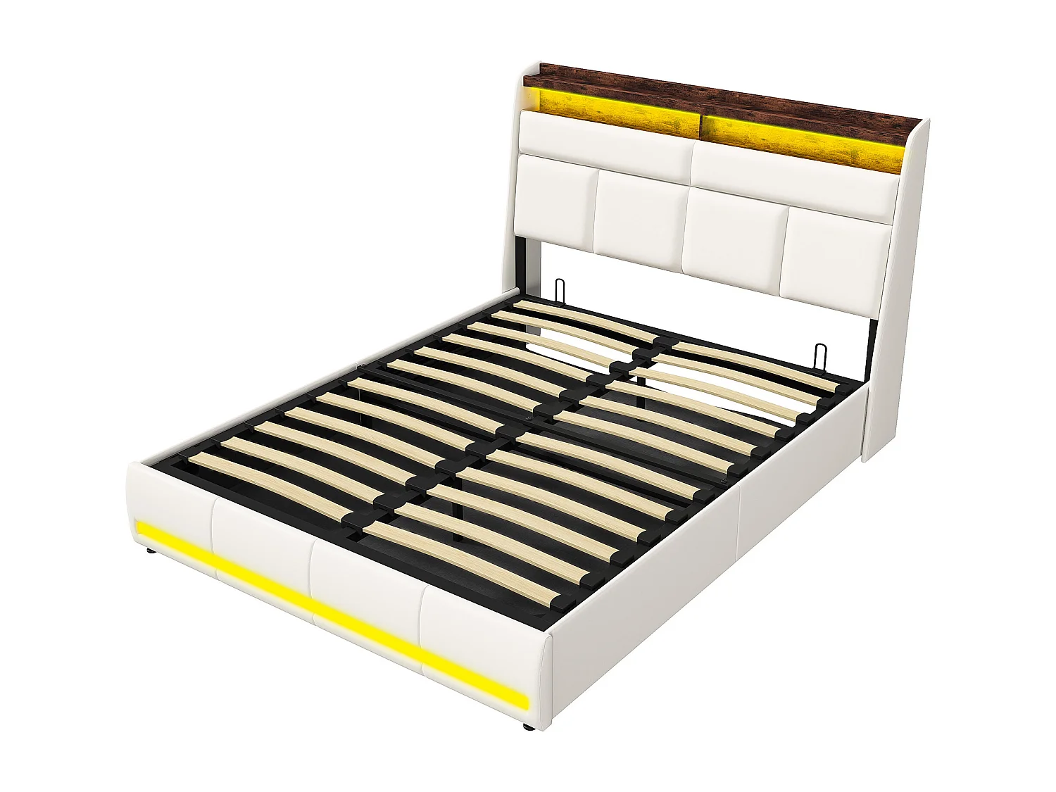 Lit coffre suspendu blanc avec éclairage LED, lit double moderne, tête de lit capitonnée, espace de rangement.