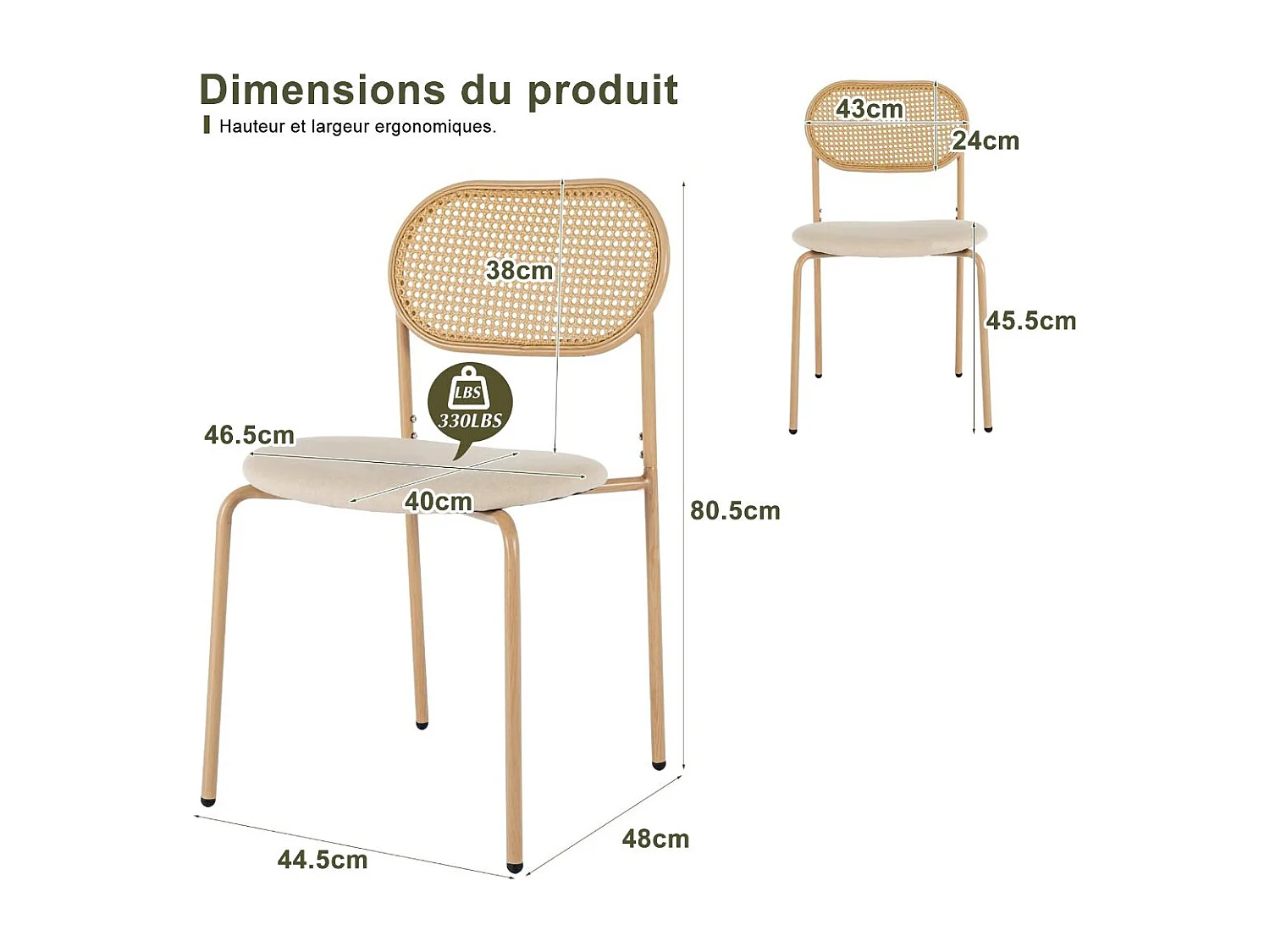 Lot de chaises cannage bois clair, chaise salle à manger avec dossier en rotin et assise tissu beige, style scandinave moderne