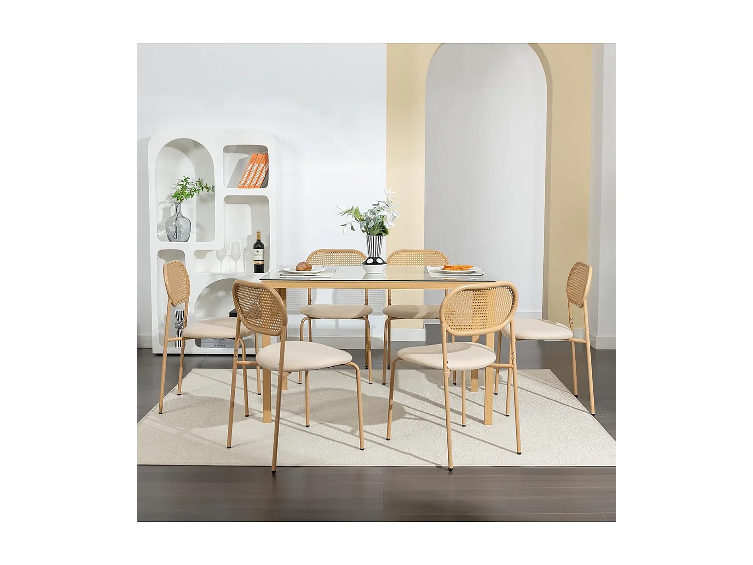 Lot de chaises cannage bois clair, chaise salle à manger avec dossier en rotin et assise tissu beige, style scandinave moderne