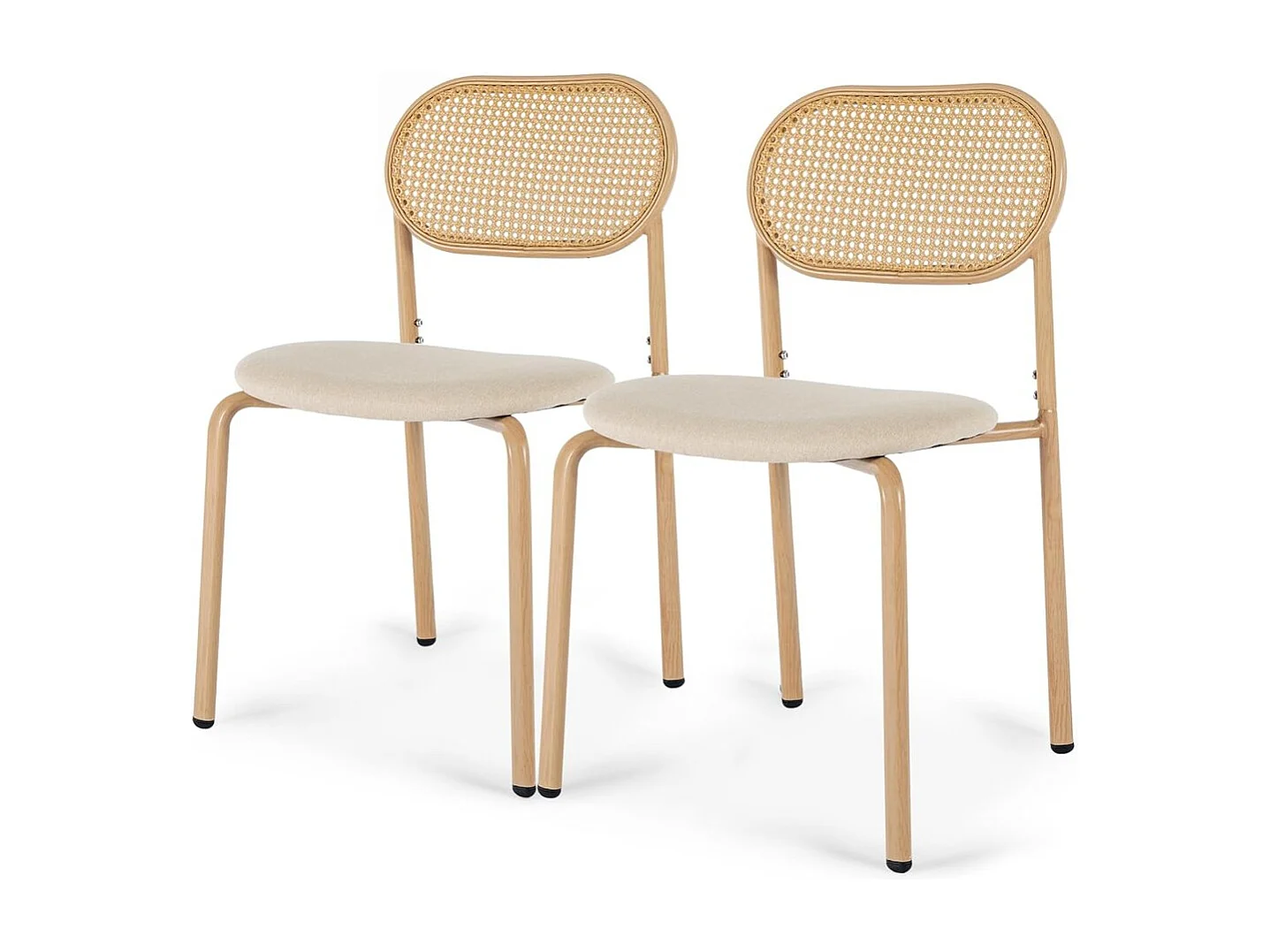 Lot de chaises cannage bois clair, chaise salle à manger avec dossier en rotin et assise tissu beige, style scandinave moderne
