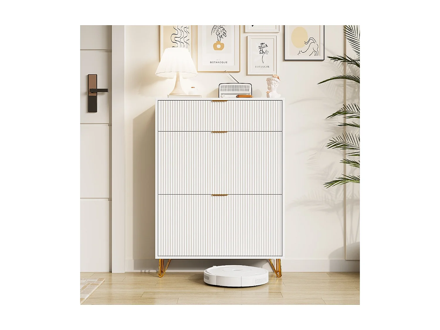 Meuble à chaussures blanc avec étagères inclinables, armoire chaussures gain de place avec rangement ouvert, style moderne avec pieds métal doré