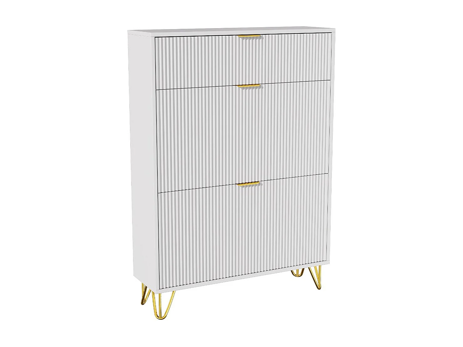Meuble à chaussures blanc avec étagères inclinables, armoire chaussures gain de place avec rangement ouvert, style moderne avec pieds métal doré