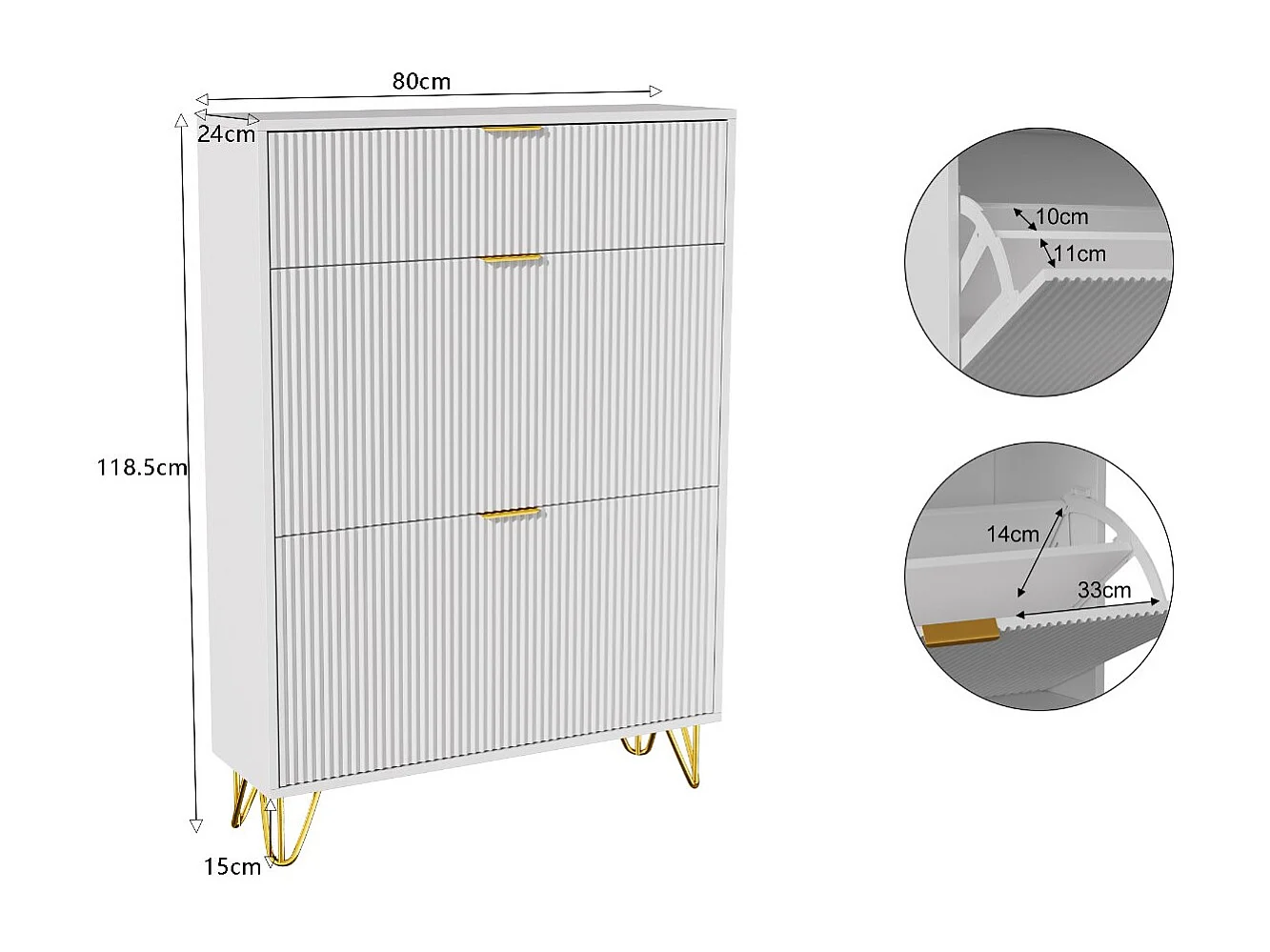 Meuble à chaussures blanc avec étagères inclinables, armoire chaussures gain de place avec rangement ouvert, style moderne avec pieds métal doré
