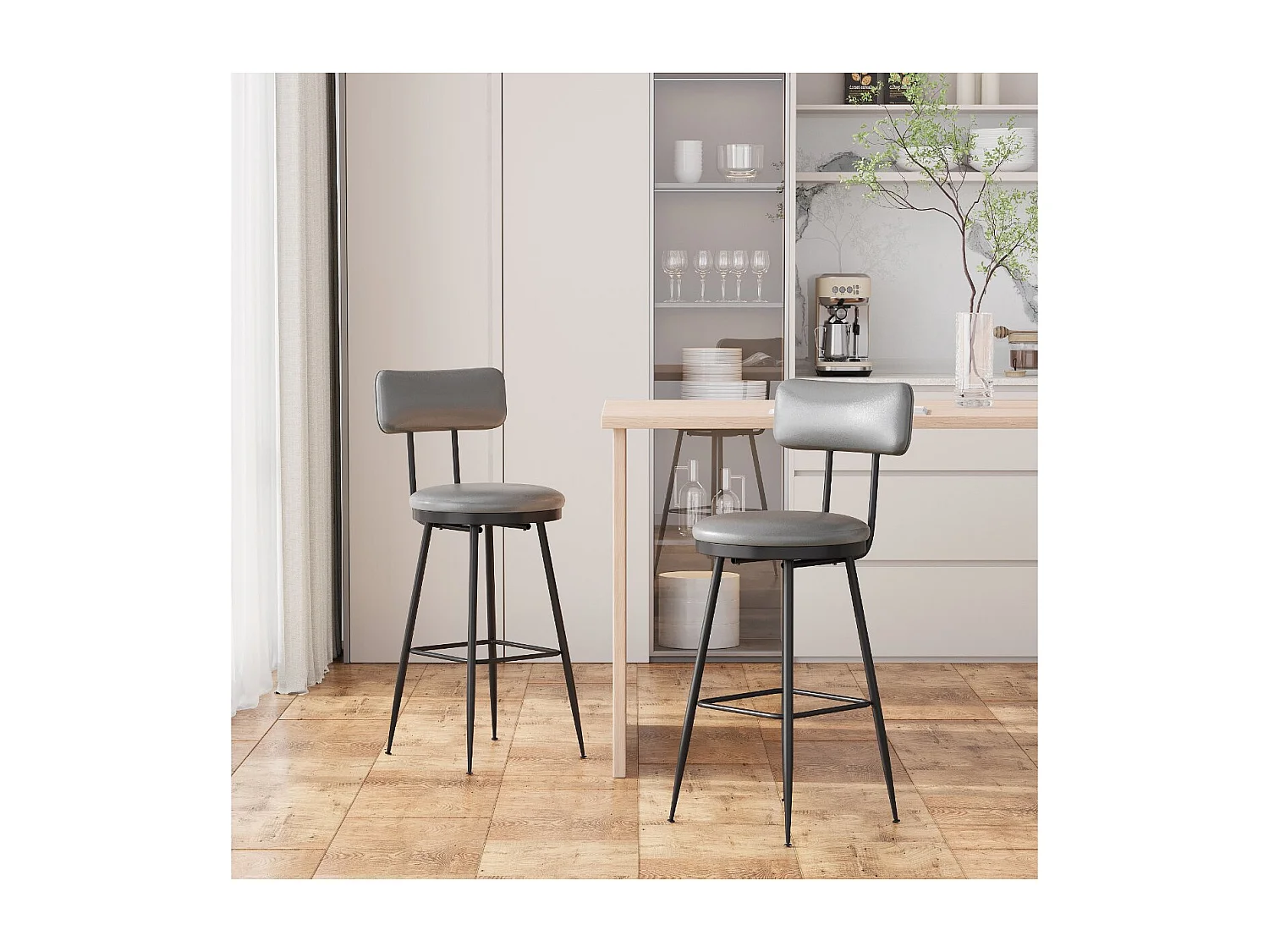 Lot de 2 tabourets de bar en PU gris foncé avec dossier, repose-pieds, structure métal, style moderne cuisine
