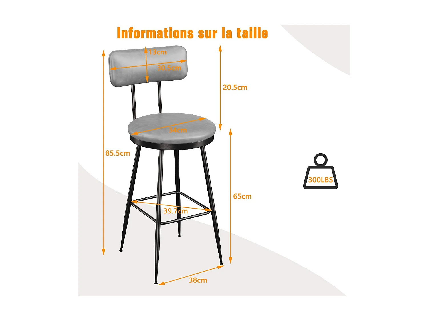 Lot de 2 tabourets de bar en PU gris foncé avec dossier, repose-pieds, structure métal, style moderne cuisine