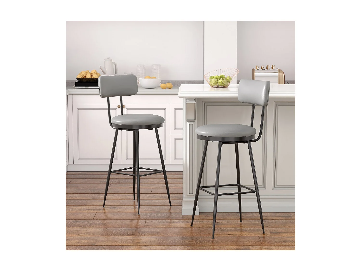 Lot de 2 tabourets de bar en PU gris foncé avec dossier, repose-pieds, structure métal, style moderne cuisine