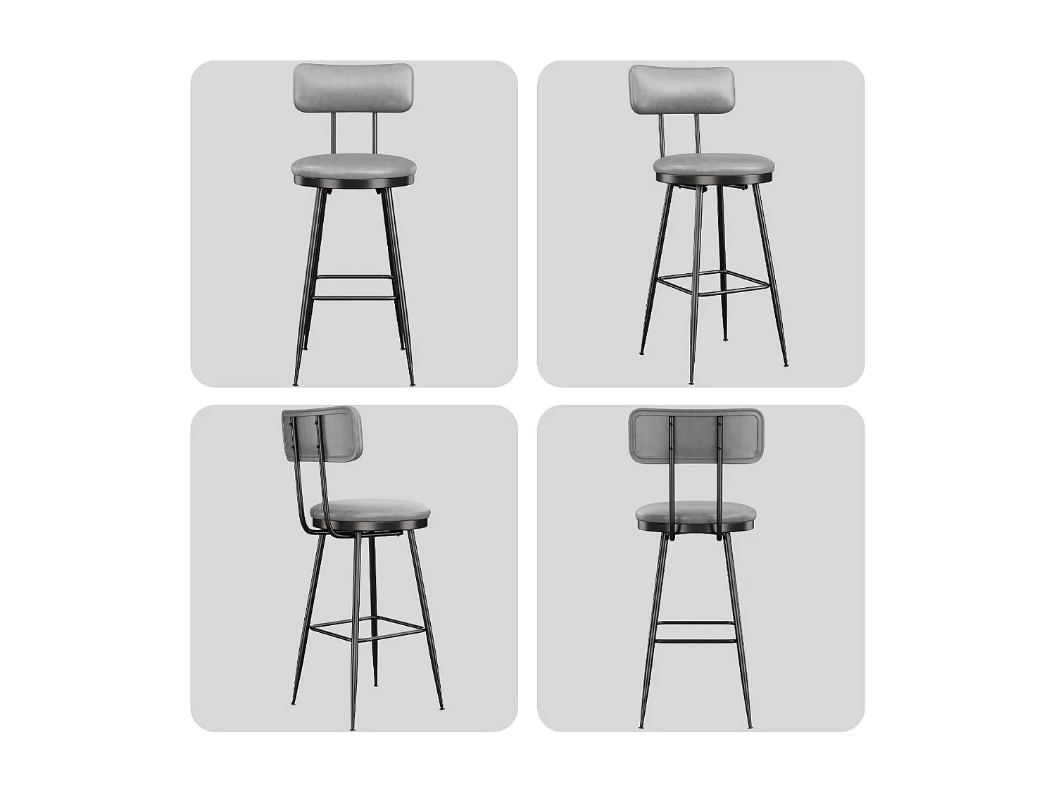 Lot de 2 tabourets de bar en PU gris foncé avec dossier, repose-pieds, structure métal, style moderne cuisine