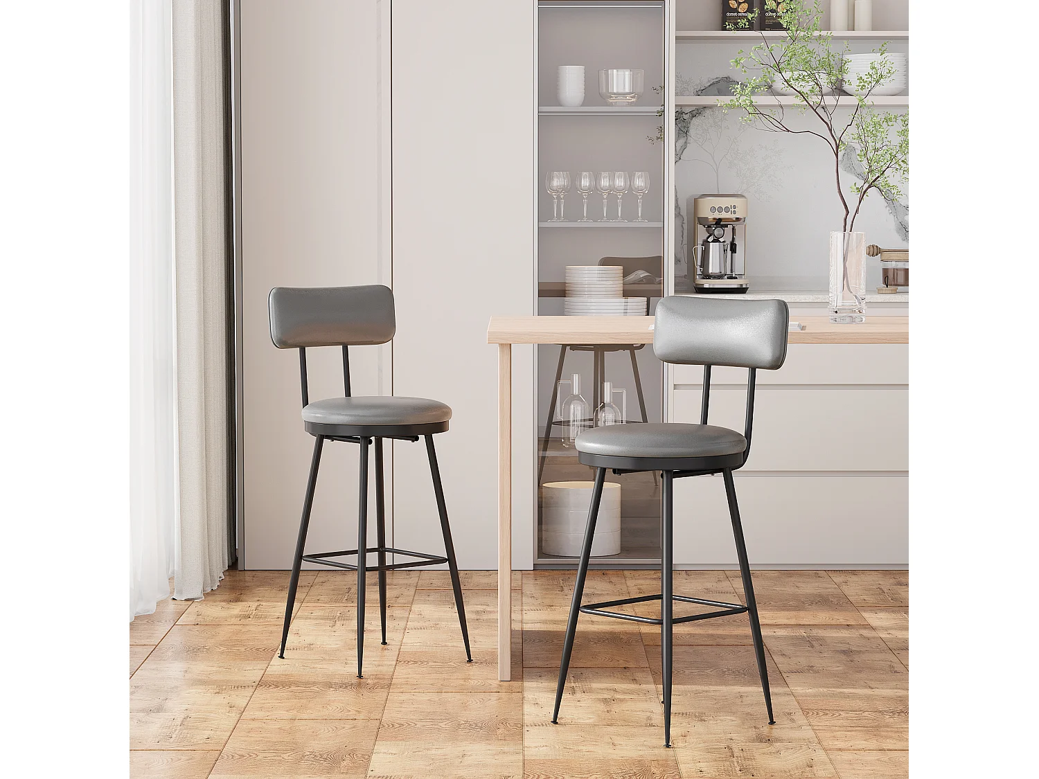 Lot de 2 tabourets de bar en PU gris foncé, assise rembourrée avec dossier et repose-pieds, pour îlot de cuisine, salle à manger, salon, bar et café