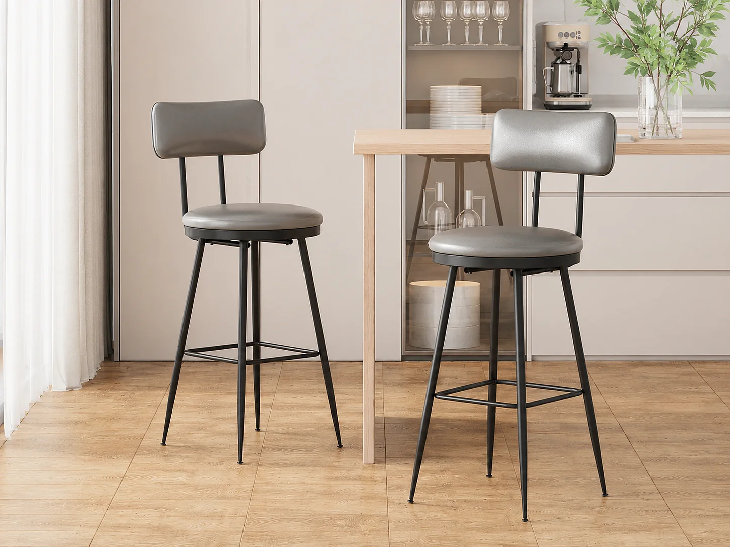 Lot de 2 tabourets de bar en PU gris foncé, assise rembourrée avec dossier et repose-pieds, pour îlot de cuisine, salle à manger, salon, bar et café