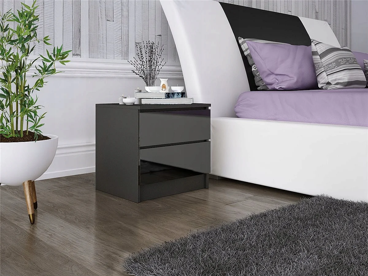 Szafka Nocna Stolik Nocny 45x48x40 CM Czarna Połysk MDF 2 Szuflady Czarny