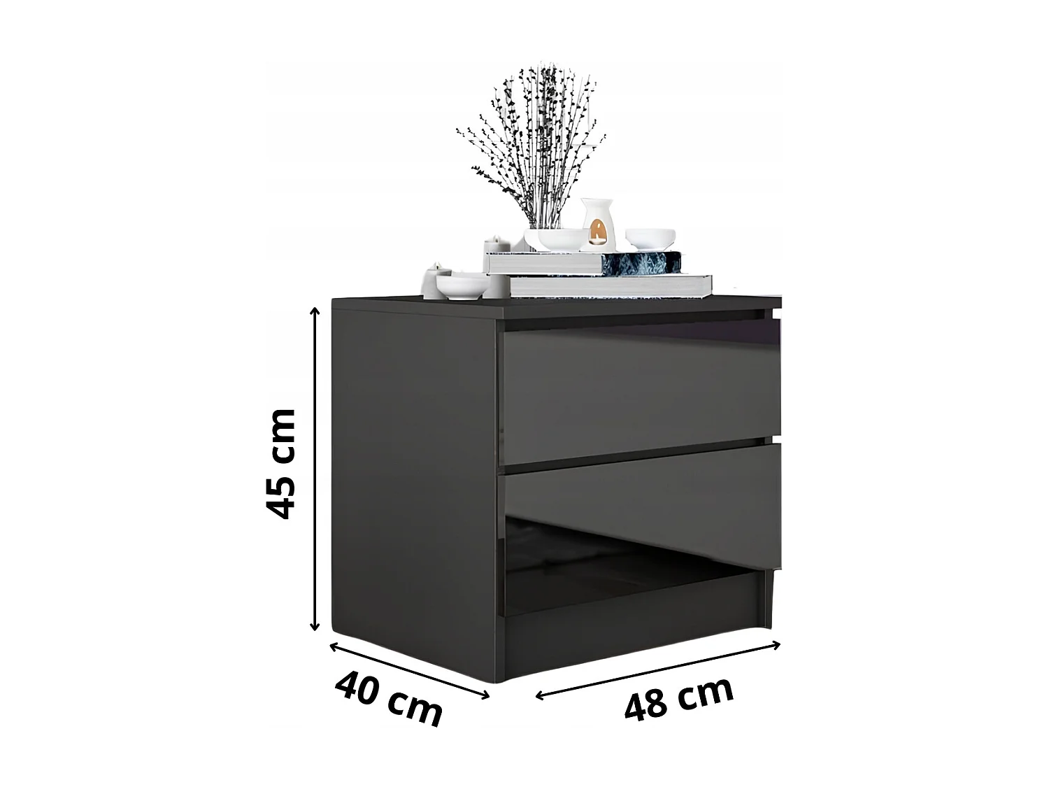 Szafka Nocna Stolik Nocny 45x48x40 CM Czarna Połysk MDF 2 Szuflady Czarny
