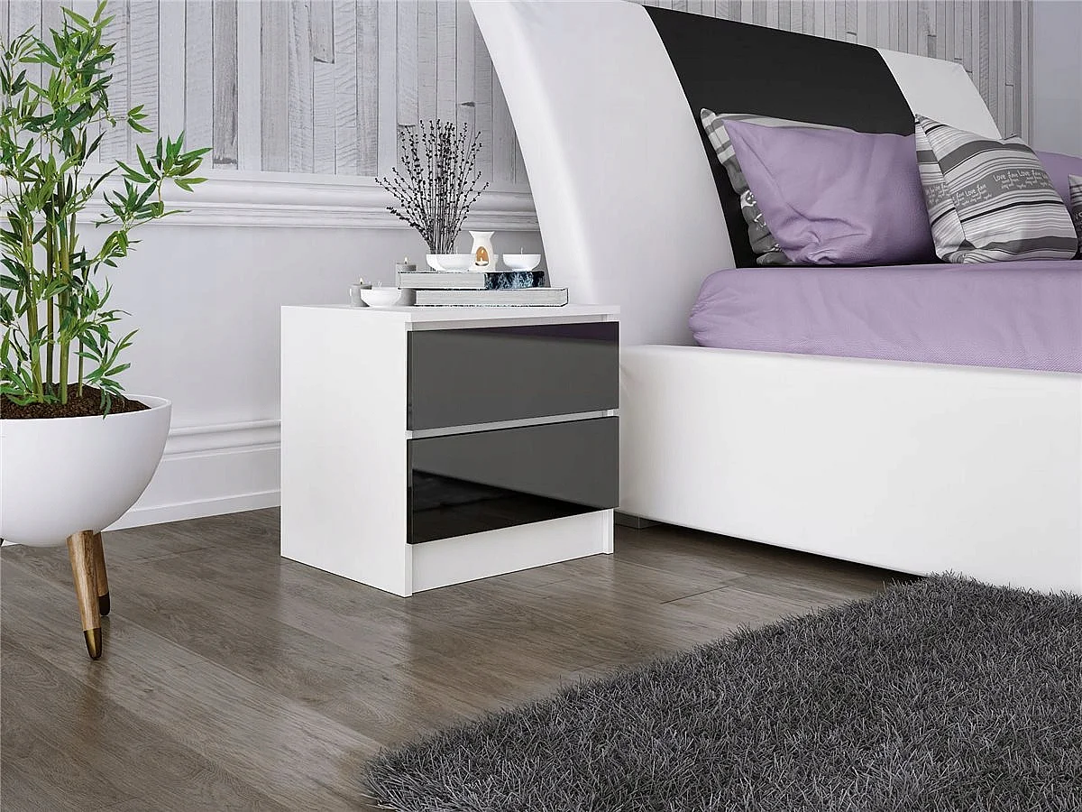 Szafka Nocna Stolik Nocny 45 x 48 x 40 CM Biała Czarny Połysk MDF 2 Szuflady