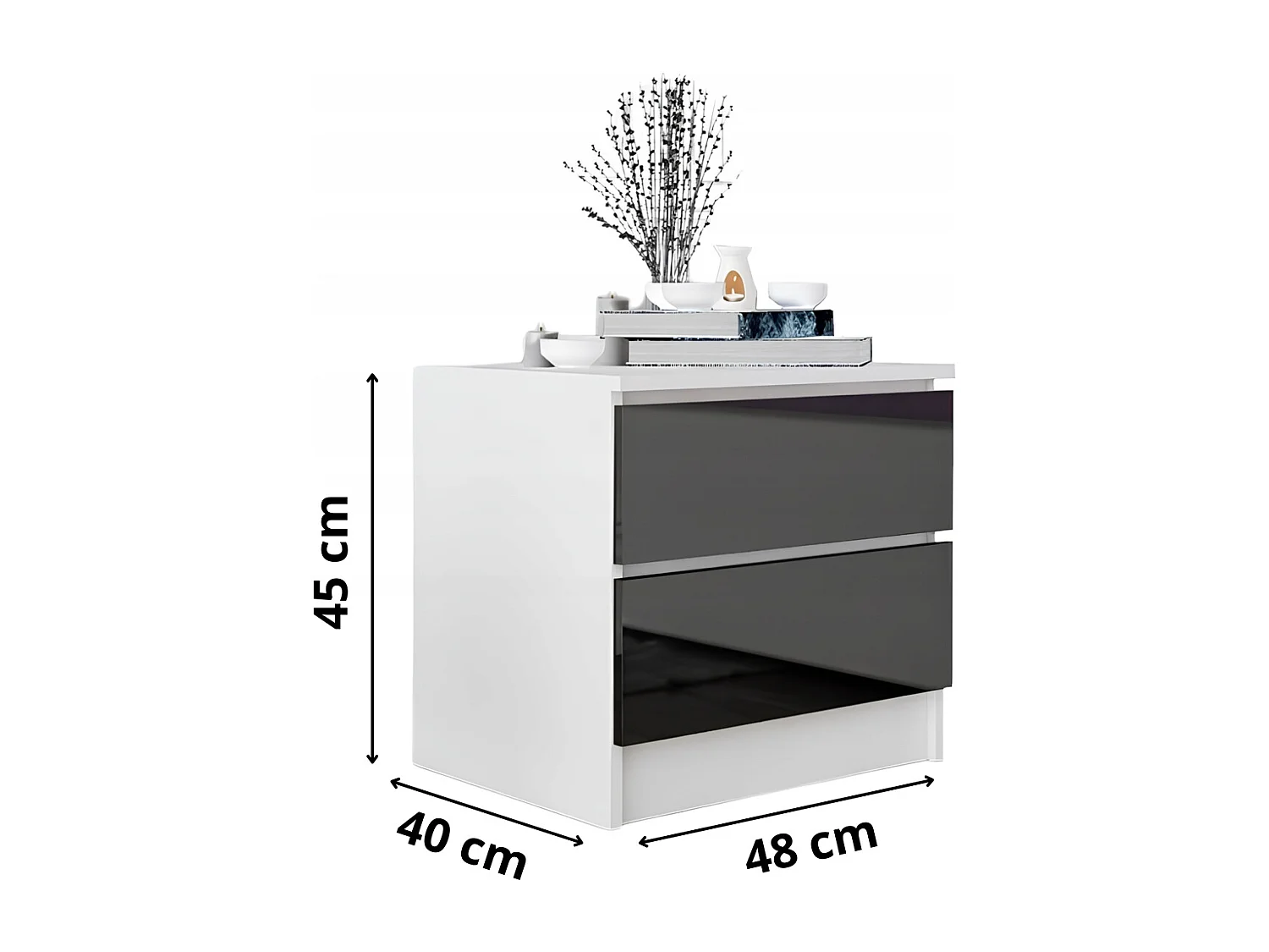 Szafka Nocna Stolik Nocny 45 x 48 x 40 CM Biała Czarny Połysk MDF 2 Szuflady