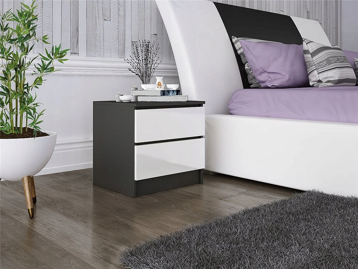 Szafka Nocna Stolik Nocny 45 x 48 x40 CM Czarna Biały Połysk MDF 2 Szuflady