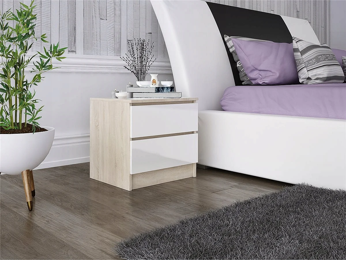 Szafka Nocna Stolik Nocny 45x48x40 CM Dąb Sonoma Biały Połysk MDF Szuflady