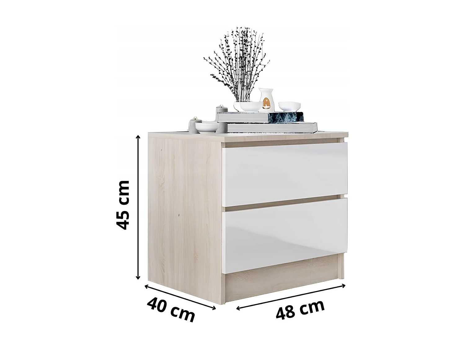 Szafka Nocna Stolik Nocny 45x48x40 CM Dąb Sonoma Biały Połysk MDF Szuflady