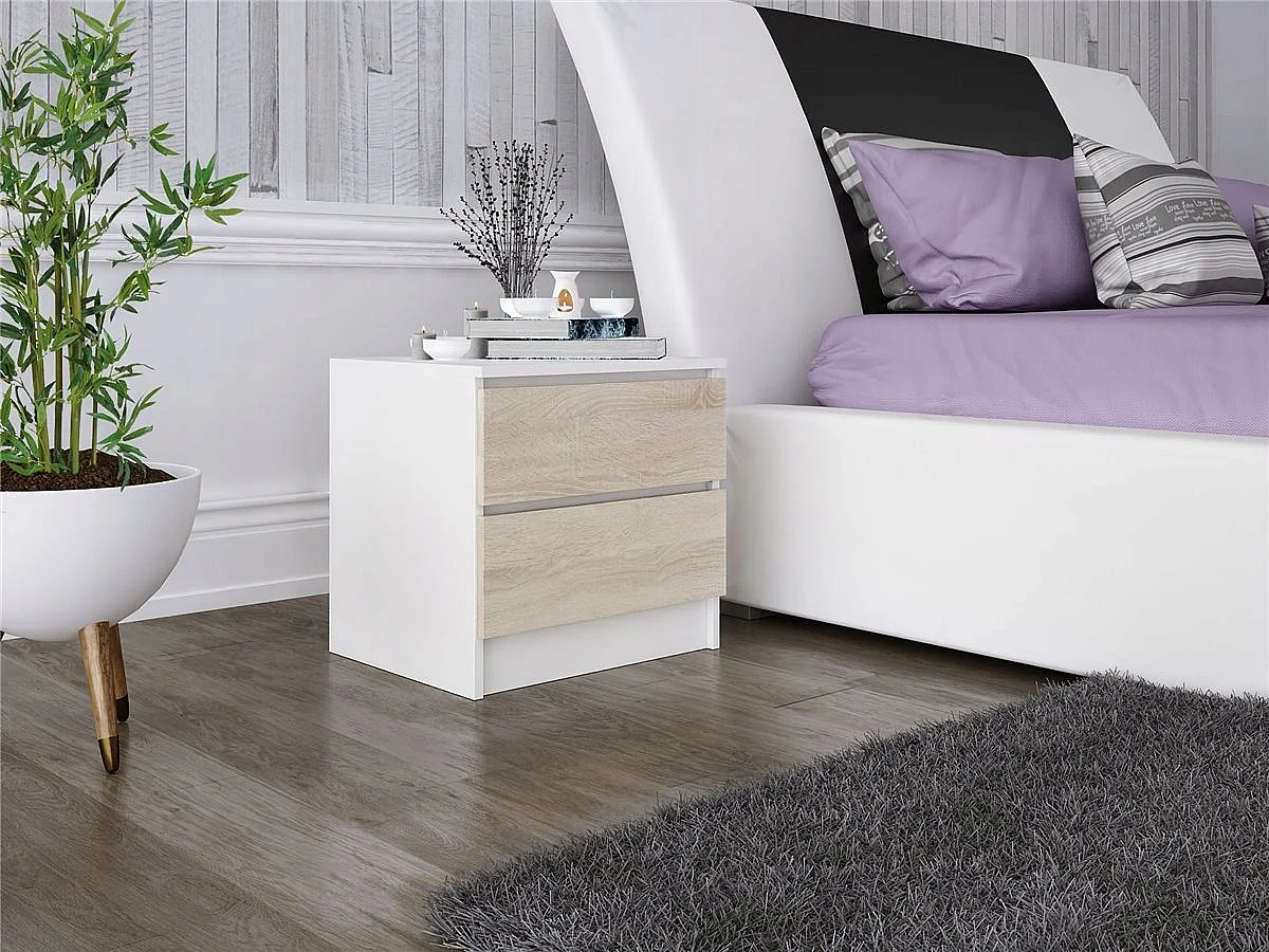 Szafka Nocna Stolik Nocny 45 x 48 x40 CM Biała Dąb Sonoma MDF 2 Szuflady