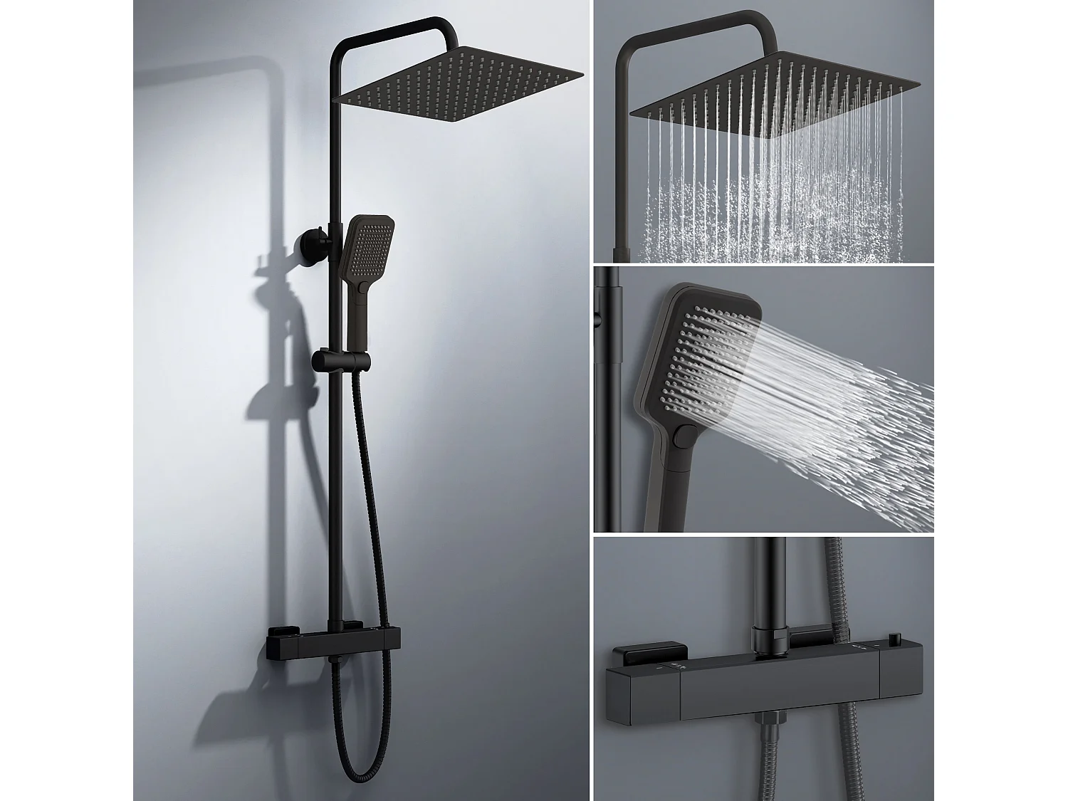 Colonna doccia con miscelatore termostatico, saliscendi doccia tondo regolabile 72-120cm, nero