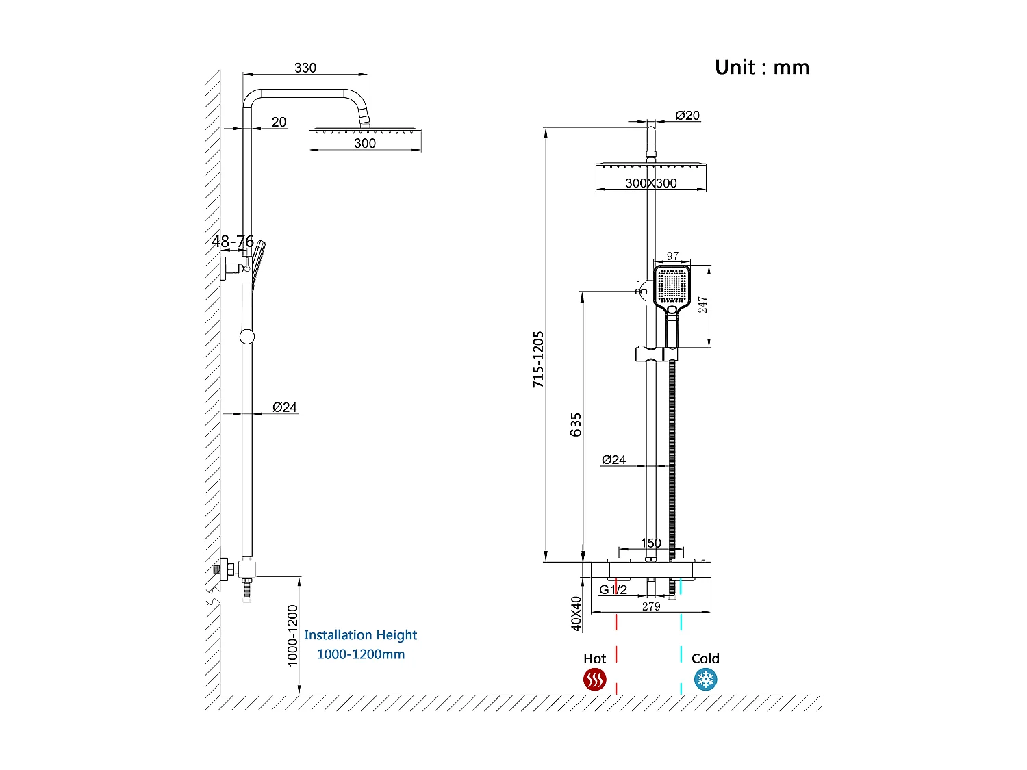 Colonna doccia con miscelatore termostatico, saliscendi doccia tondo regolabile 72-120cm, nero